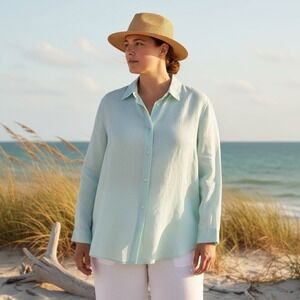JJill Linen Button Up Shirt Light Blue Long Sleeve Women 2X Coastal Lightweight